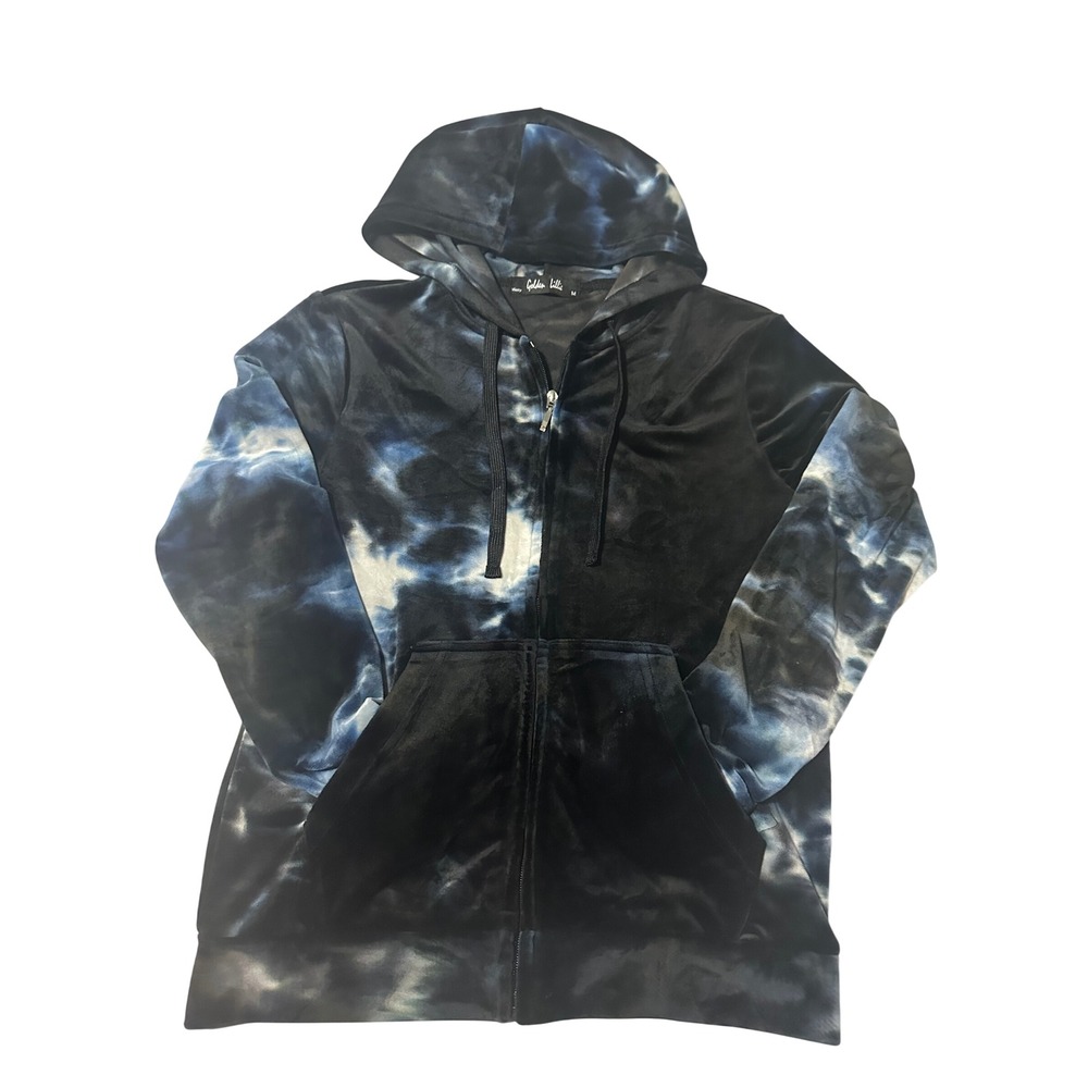 Golden Lillie Missy Velvet Tie Dye Zip Up Hoodie Blue Black M